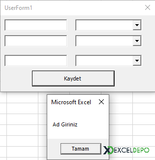 UserForm Üzerindeki Nesnelere Uyarılar Ekleme
