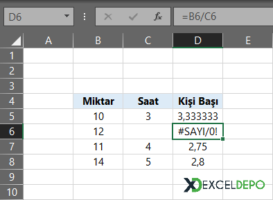 Excel #SAYI/0! Hatası Örneği