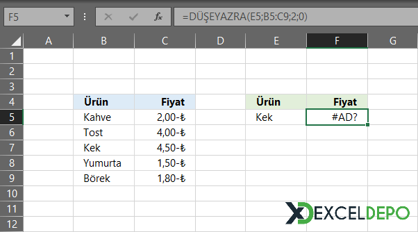 Excel #AD? Hatası Örneği