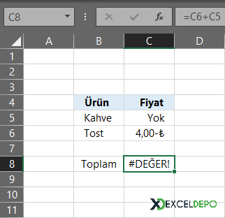 Excel #DEĞER! Hatası Örneği
