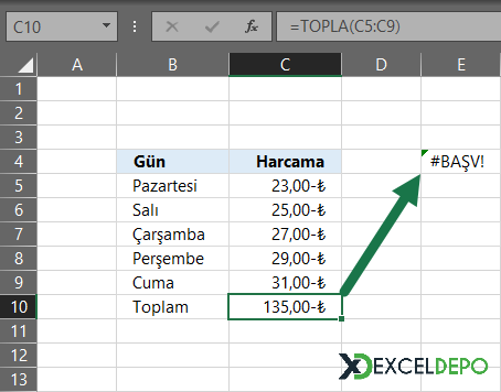Excel #BAŞV! Hatası Örneği