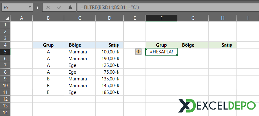 Excel #HESAPLA! Hatası Örneği