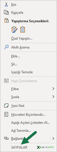 Excelde Sağ Tuş Menü