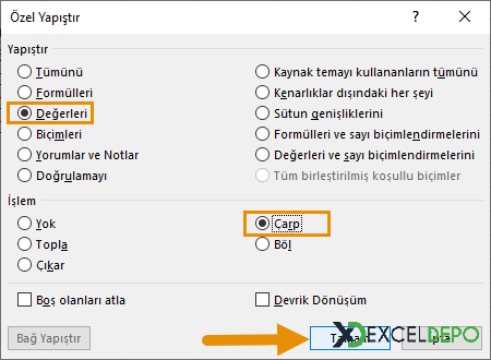 Özel Yapıştır Değerleri Çarp