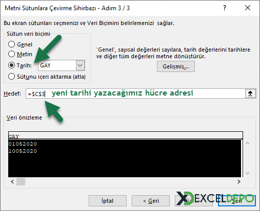 Metni Sütunlara Dönüştür Adım 3