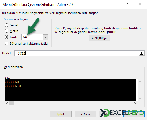 Boşluksuz Değerleri Tarihe Dönüştürme