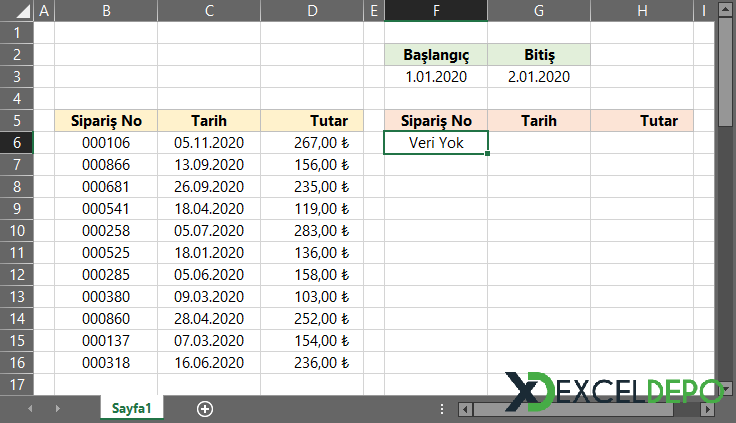 İki Tarih Arasındaki Satışları Filtreleme