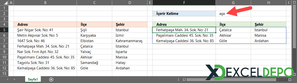 İçerir Kelime Filtreleme