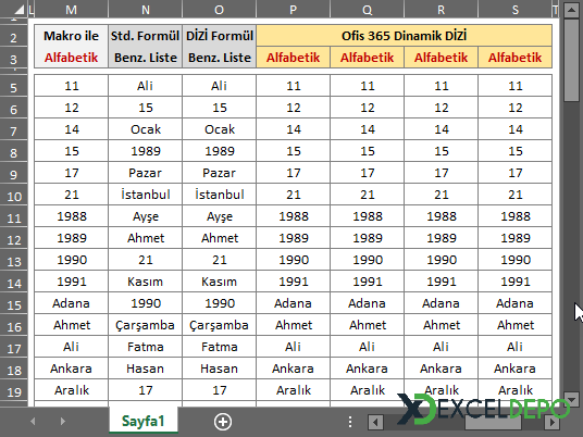 Çoklu Sütundaki Verileri Sütunda Benzersiz Listeleme