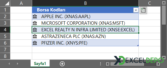 Excel Hisse Senetlerine Dönüştür Özelliği