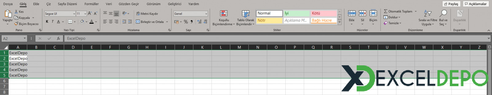 Excel Tüm Satırlara Aynı Şeyi Yazma
