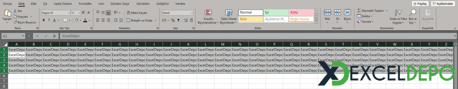 Excel Tüm Satırlara Aynı Şeyi Yazma