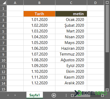 Excel Tarihi Metne Çevirme Excel Tarihi Metne Çevirme