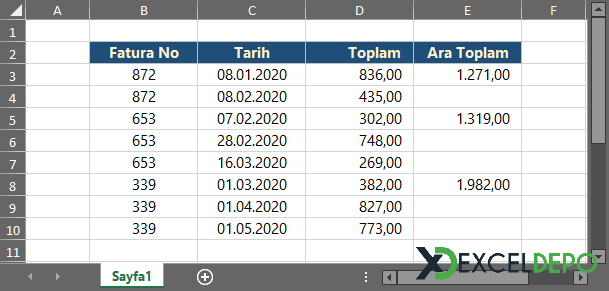 Fatura Numarasına Göre Ara Toplam Alma Fatura Numarasına Göre Ara Toplam Alma