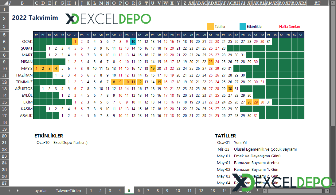 Excel ile Hazırlanmış Kapsamlı Takvim
