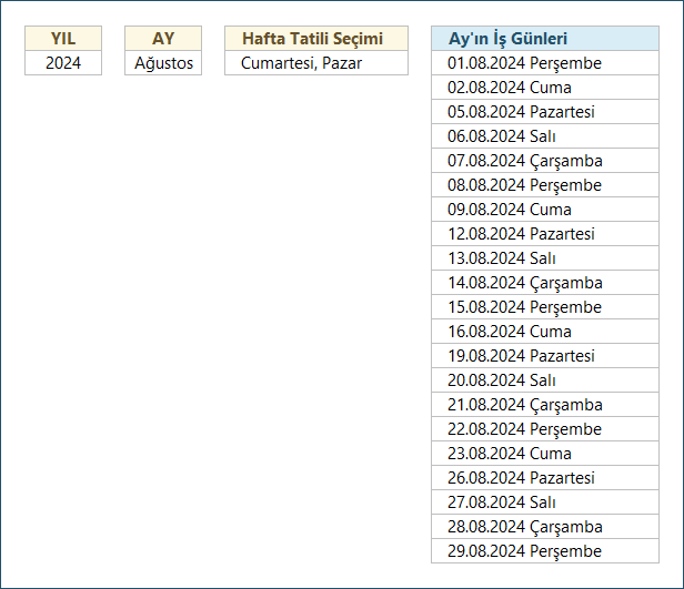 Seçilen Ayın İşgünlerini Listeleme