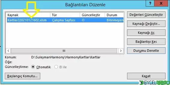 Otomatik Olarak Formüldeki Bağlantıları Güncelleme