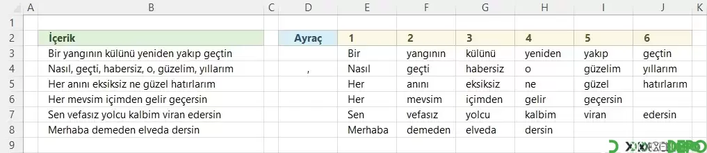 Hücrenin İçeriğini Bitişik Sütunlara Dağıtma