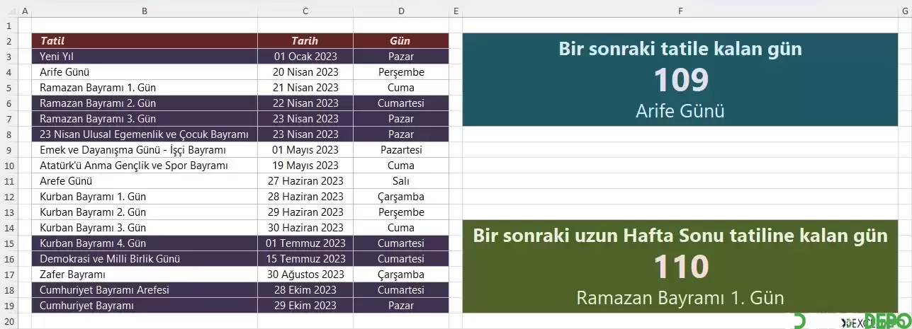 Excel ile 2023 Tatil Günleri Takibi