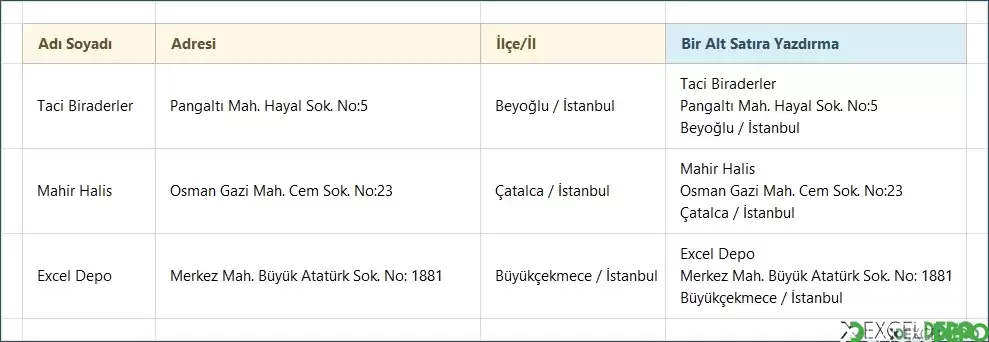 Excel Alt Satıra Geçme