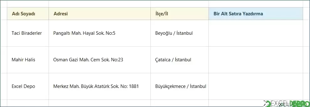Excel Alt Satıra Geçme Kodu