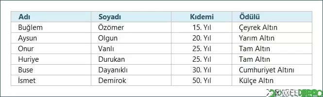 Kıdem Ödülleri Listesi Oluşturma