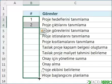 Sürükleyerek Sıra Numarası Verme