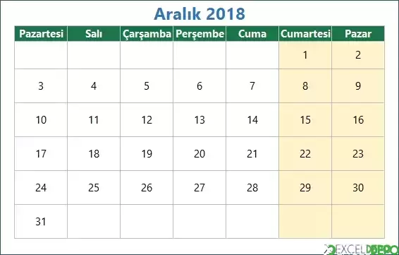 Excel Takvim Şablonu Oluşturma