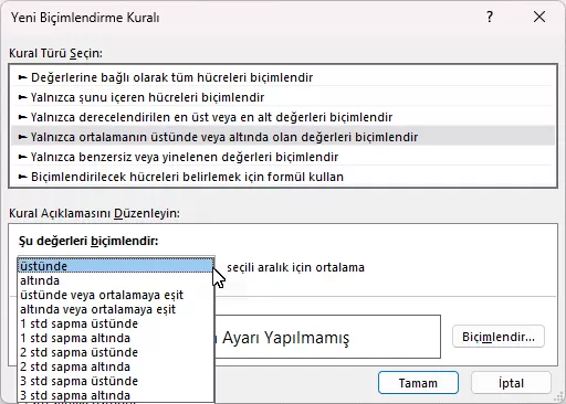 Yalnızca Ortalamanın Üstünde veya Altında Olan Değerleri Biçimlendir