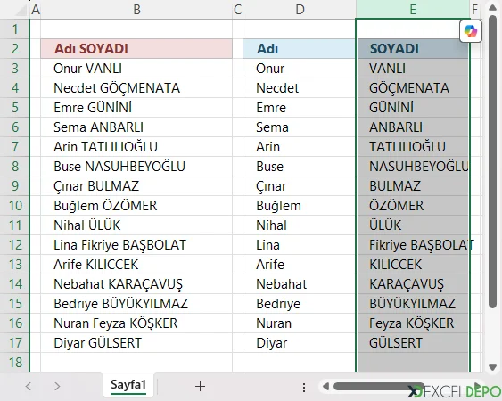 Soyad sütununu seçin