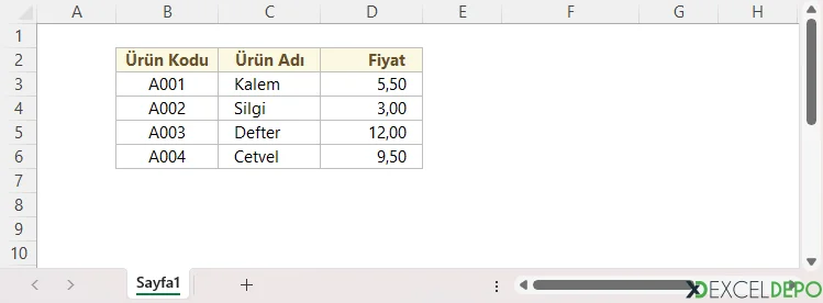 Excel DÜŞEYARA ile Temel Veri Getirme - Veri Tablosu