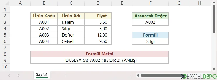 Excel DÜŞEYARA ile Temel Veri Getirme - Sonuç