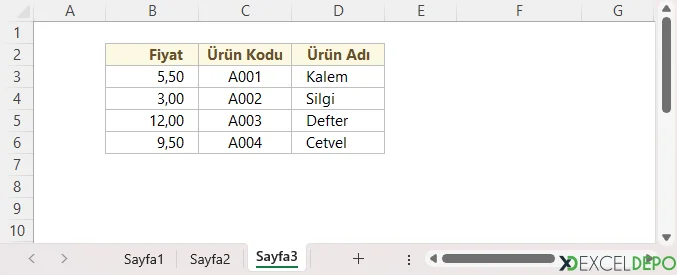 Excel DÜŞEYARA ile Soldaki Veriye Ulaşma Sınırı - Veri Tablosu