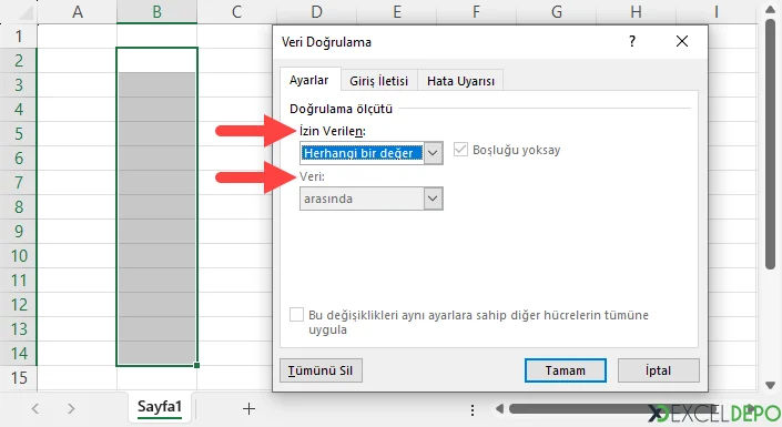 Ayarlar Veri Doğrulama