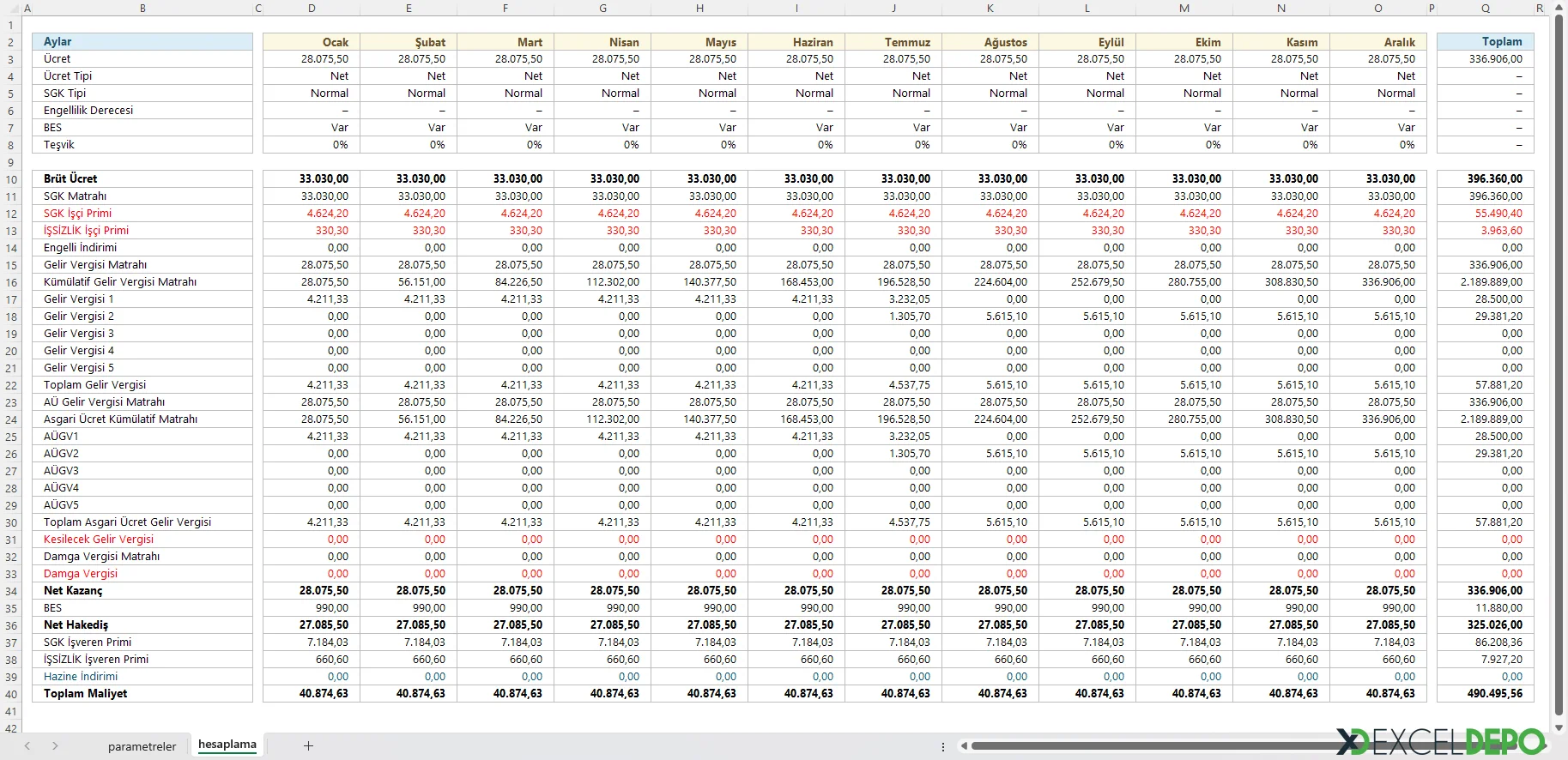 Excel Net Brüt Maaş Hesaplama