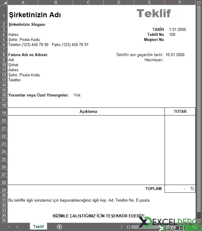 Excel Teklif Formu