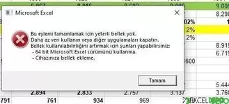 Excel yeterli bellek yok hatası