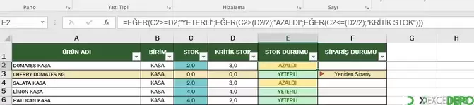 Excel Kritik Stok Çalışması Hakkında Yardım