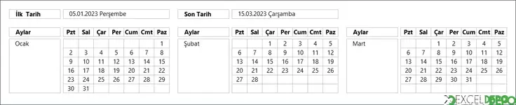 İki Tarih Arasındaki Kadar Takvim Oluşturma