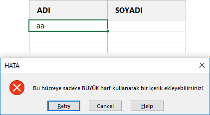 Hücreye sadece büyük harf yazabilme
