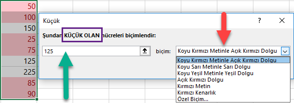 Hücre Vurgulama Kuralları - Küçüktür