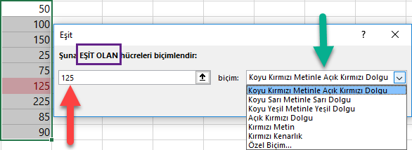 Hücre Vurgulama Kuralları - Eşittir