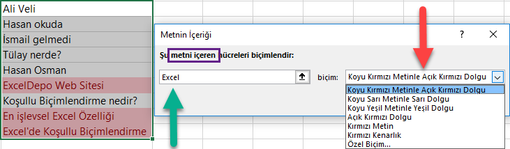 Hücre Vurgulama Kuralları - İçerdiği Metin
