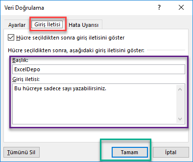 Hücreye mesaj ekleme