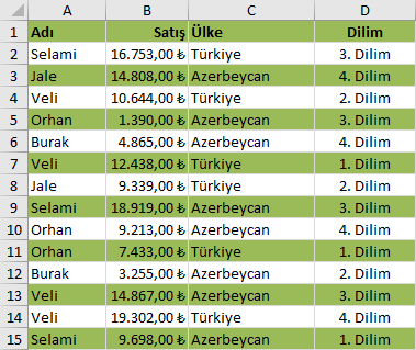 Koşullu Biçimlendirme ile satır renklendirme