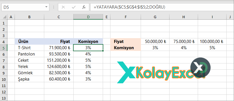 YATAYARA Fonksiyonu