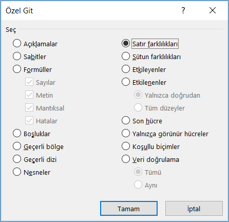 Satır Farklılıklarını Seçin