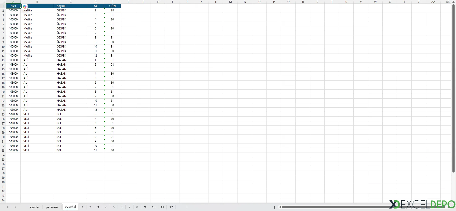 Excel Puantaj Oluşturma