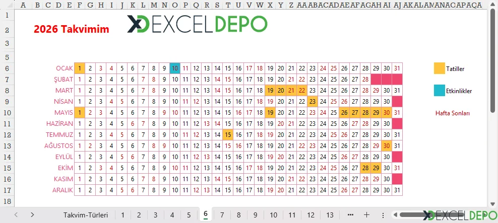2026 Yılı Excel Takvimi