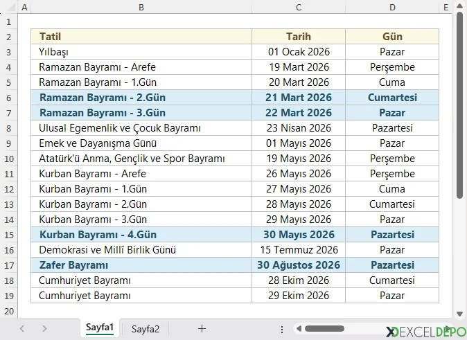 2026 Yılı Tatil Günleri